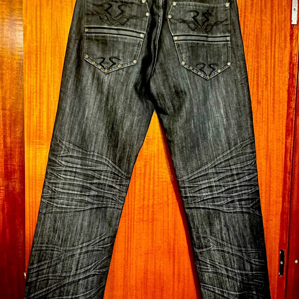 RECESS DENIM Size 34 length 30 Cotton 100% Black distressed Jeans